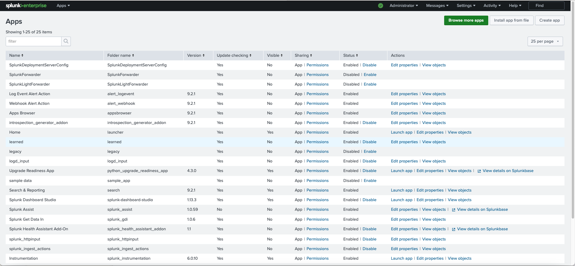 Screenshot of the Splunk Enterprise management console displaying a list of apps with their details and status.