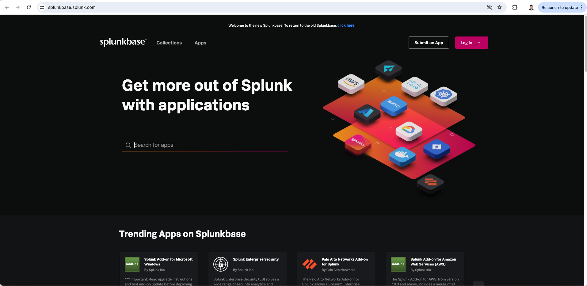 Homepage of Splunkbase featuring a search bar and graphical icons representing various application integrations.
