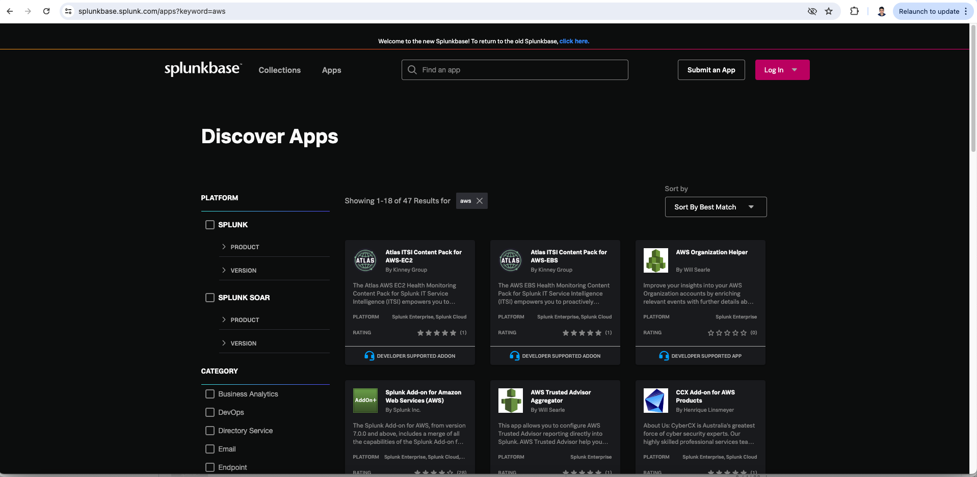 Search results page on Splunkbase for AWS-related apps, displaying various app options and filters.