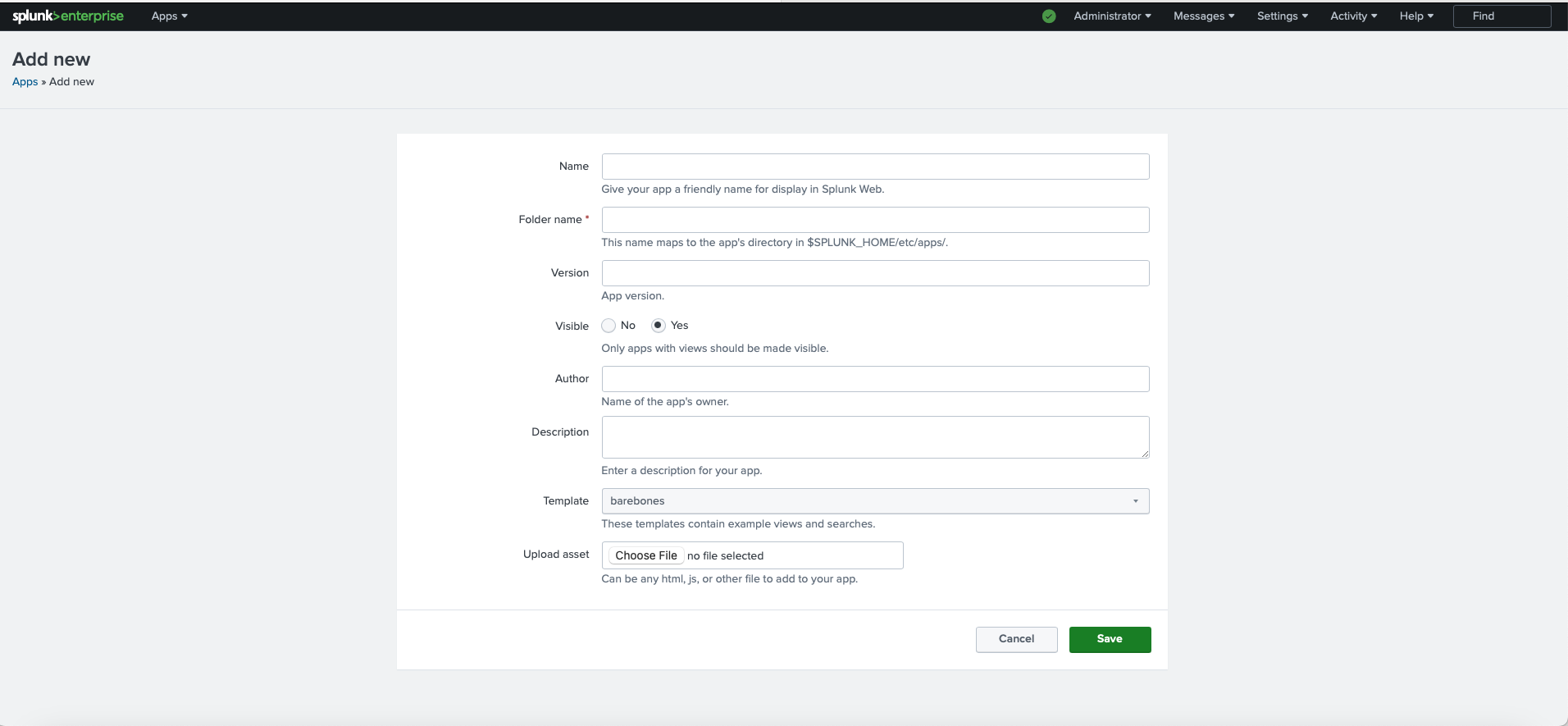 Interface for creating a new app in Splunk, showing fields for name, folder, version, and more.