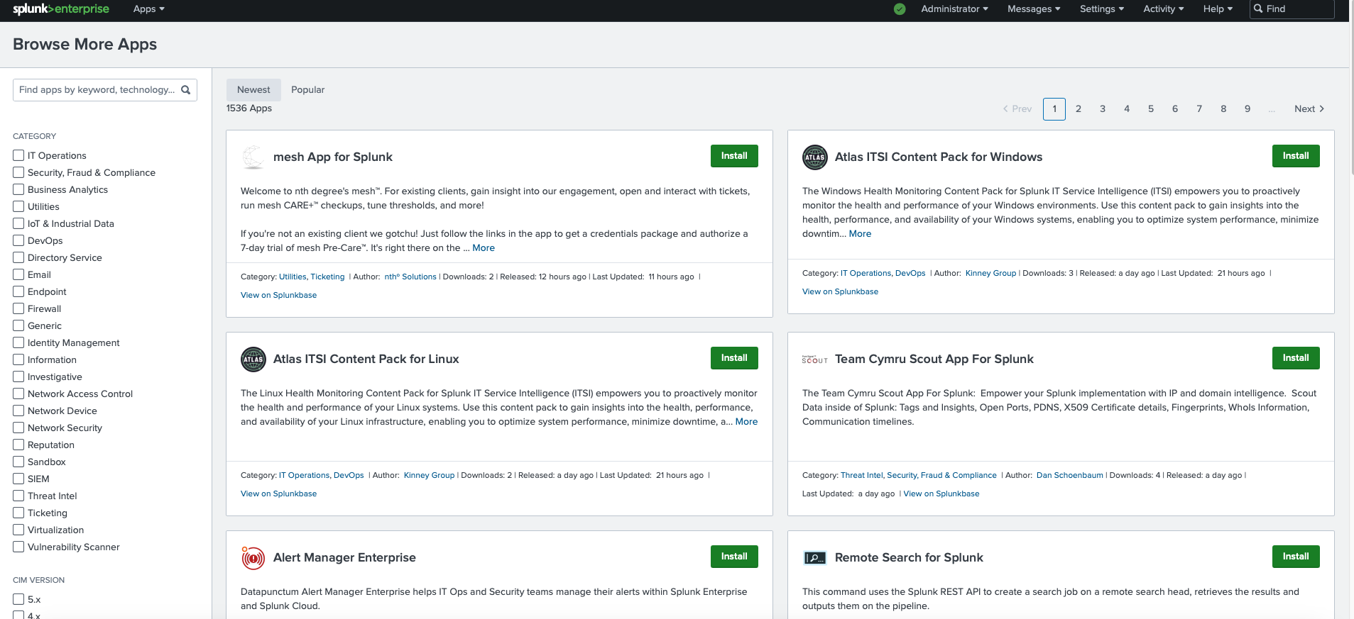 Screen displaying the 'Browse More Apps' section in Splunk, with categories and various application options listed.