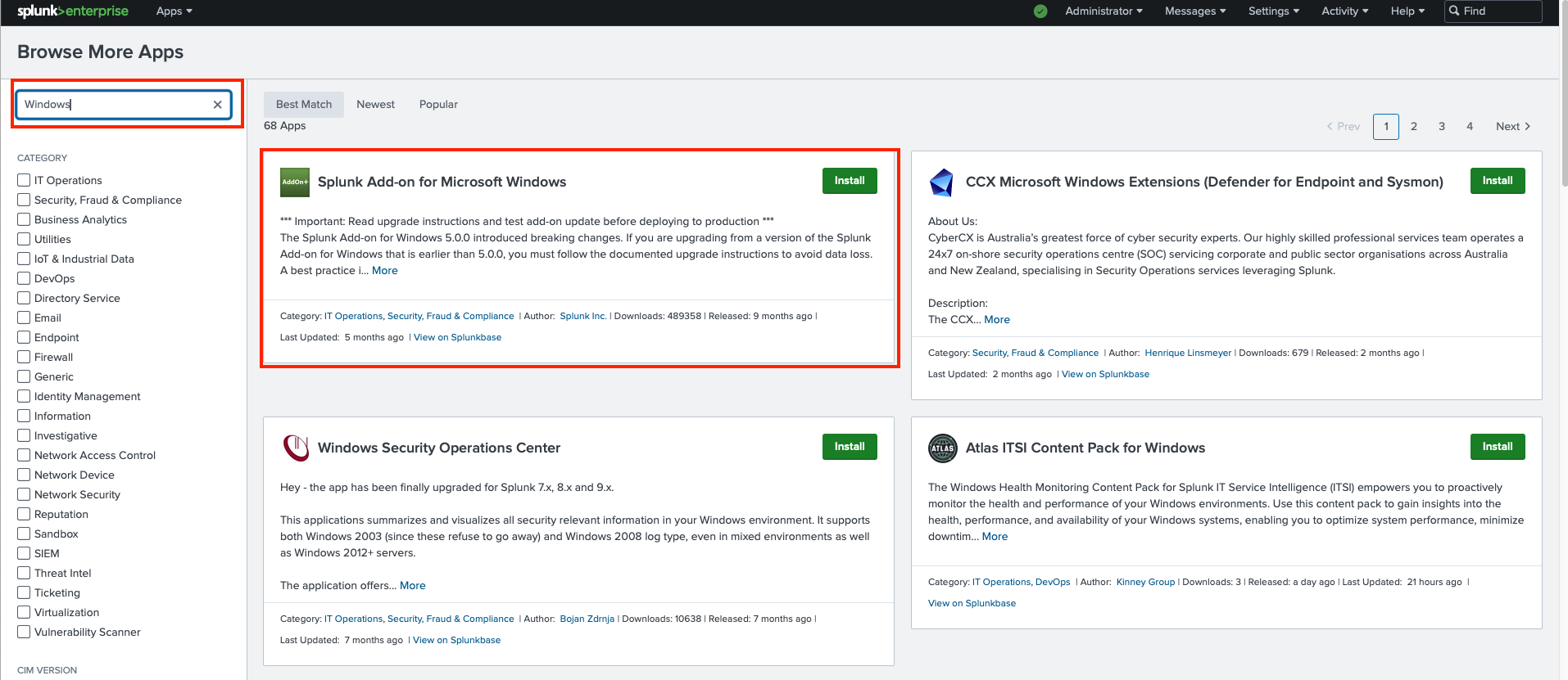 Splunk Enterprise screen showing search results for Windows apps on Splunkbase, with various app details and installation options.