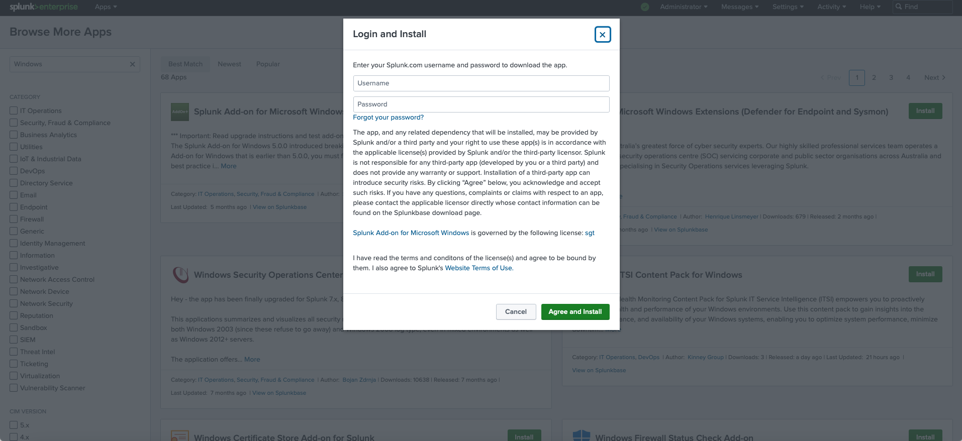 Login and install overlay window in Splunk Enterprise, requesting user credentials to download and install a selected app.