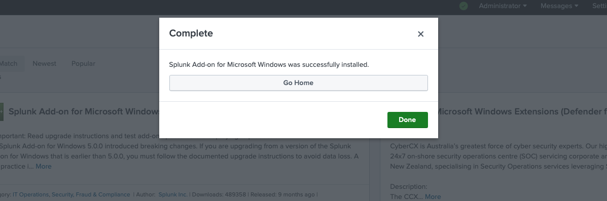 Popup window showing successful installation of the Splunk Add-on for Microsoft Windows in the Splunk interface.