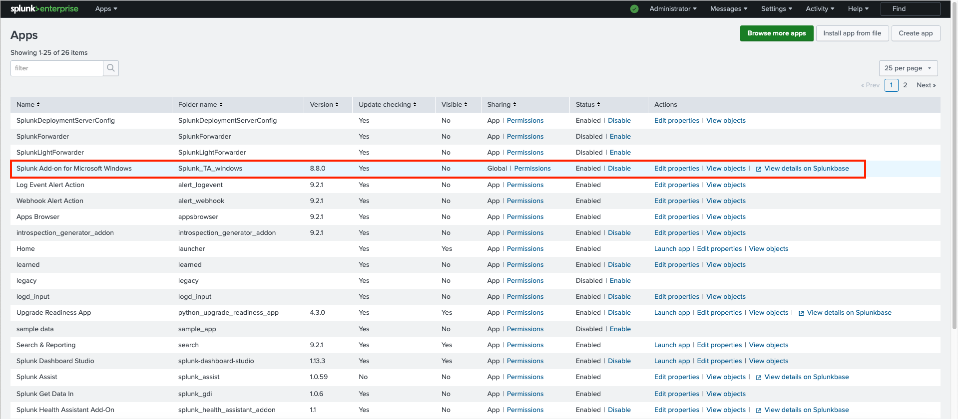 Splunk Enterprise management screen showing the installed 'Splunk Add-on for Microsoft Windows' highlighted in the list of apps.