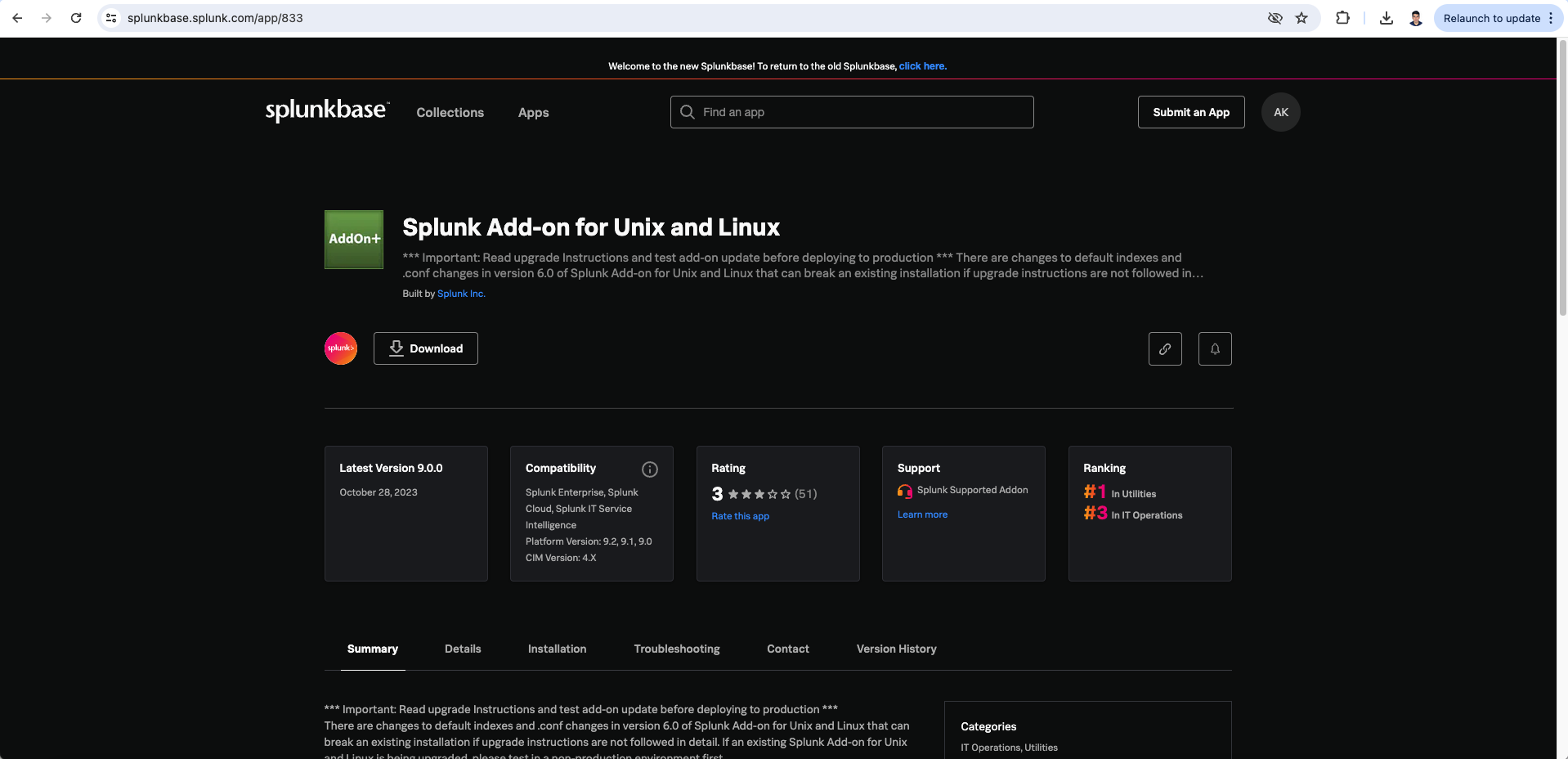 Splunkbase product page for the Splunk Add-on for Unix and Linux, featuring download options and add-on details.