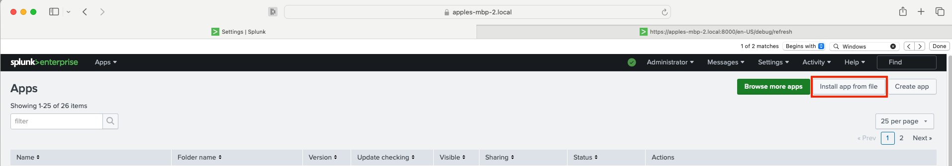 Splunk Enterprise interface showcasing app management options, including buttons for 'Browse more apps', 'Install app from file', and 'Create app'.