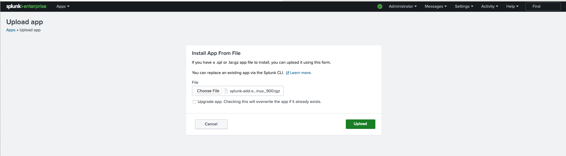 Interface for installing a new application from a file in Splunk Enterprise, featuring an option to upload a .spl or .tar.gz file.