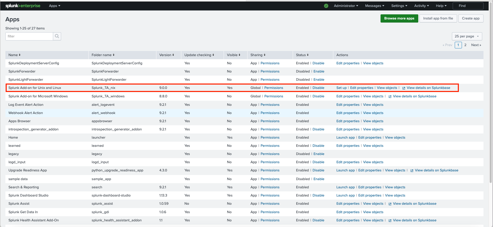 List of apps in Splunk Enterprise management interface, including the newly installed Splunk Add-on for Unix and Linux.
