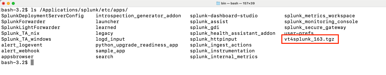 Terminal screen displaying the contents of the Splunk applications directory, highlighting a downloaded archive file.