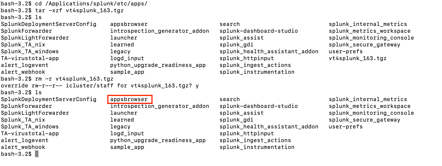 A terminal screenshot displaying file manipulation commands for Splunk application directories on a Unix system.