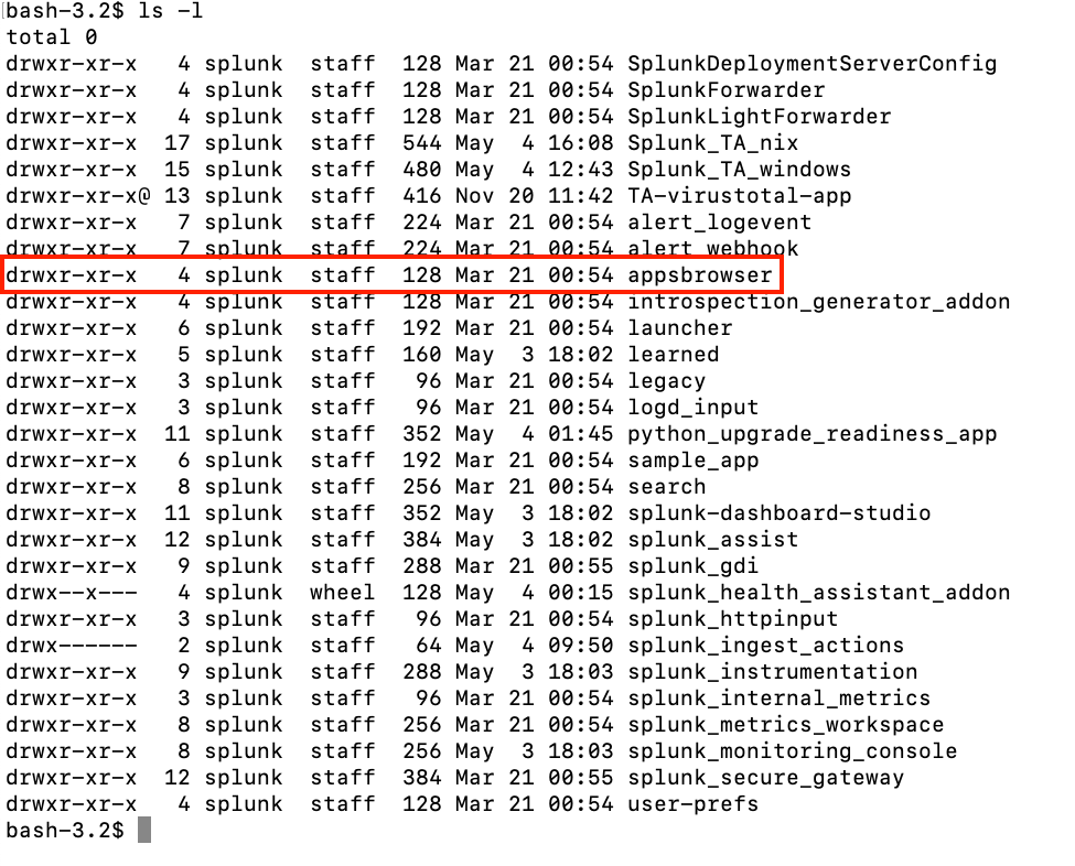 Terminal output showing a detailed list view of directory contents and permissions within a Splunk application environment.