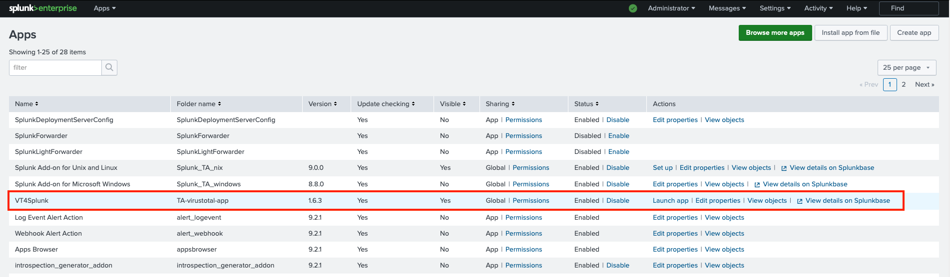 The Splunk Enterprise interface displaying a list of installed applications and their properties such as version, visibility, and status.