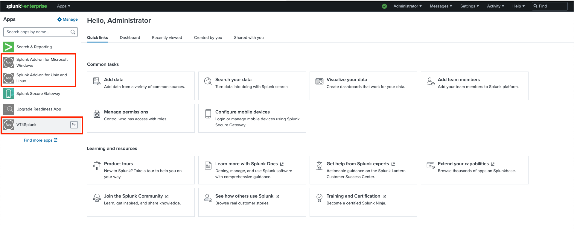 Splunk Enterprise web interface showing app management and configuration options for an administrator.