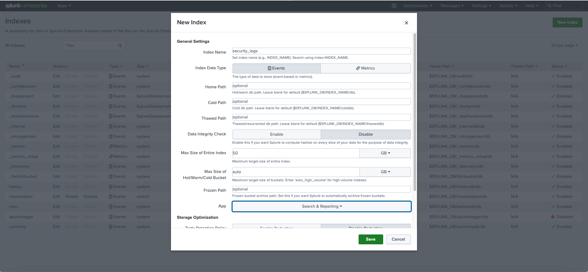 The image shows the Splunk Enterprise software interface, where a user is in the process of creating a new data index called "security_logs".