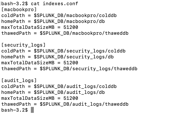 Terminal screen showing indexes.conf file settings in Splunk for paths and storage limits of various log data indexes.