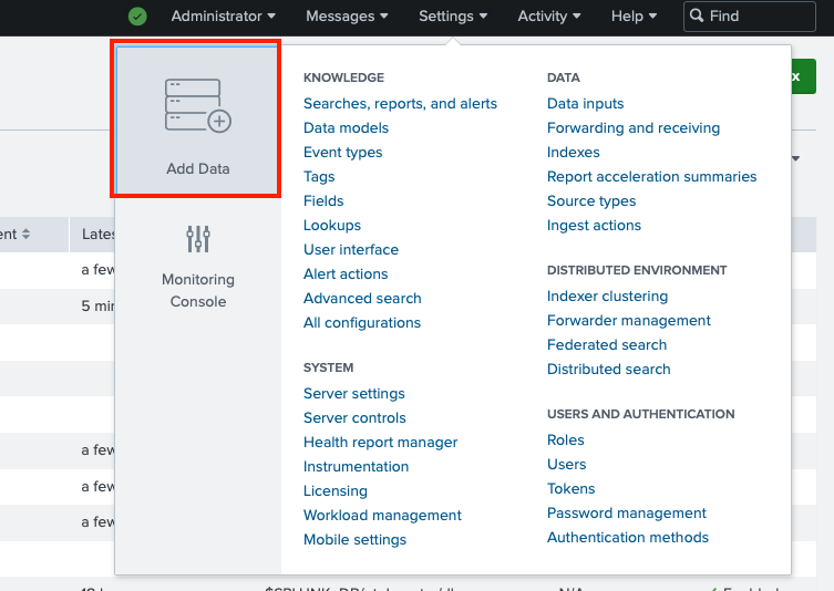Screenshot showing the Splunk dashboard interface with the 'Add Data' option highlighted in the settings menu.