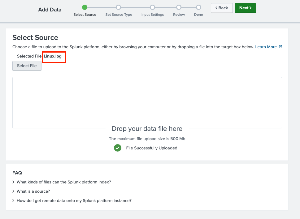 An interface for uploading a file to the Splunk platform, highlighting a selected "Linux.log" file.