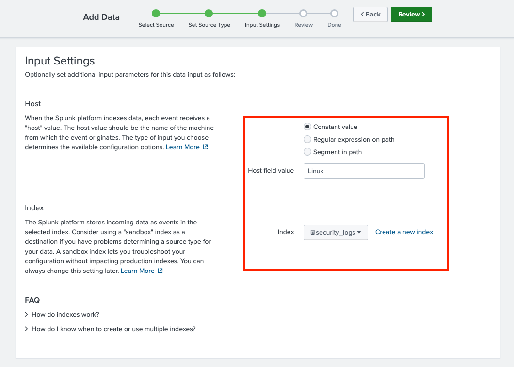 Screenshot of Splunk's "Input Settings" configuration page with fields for setting the host as "Linux" and selecting the "security_logs" index.