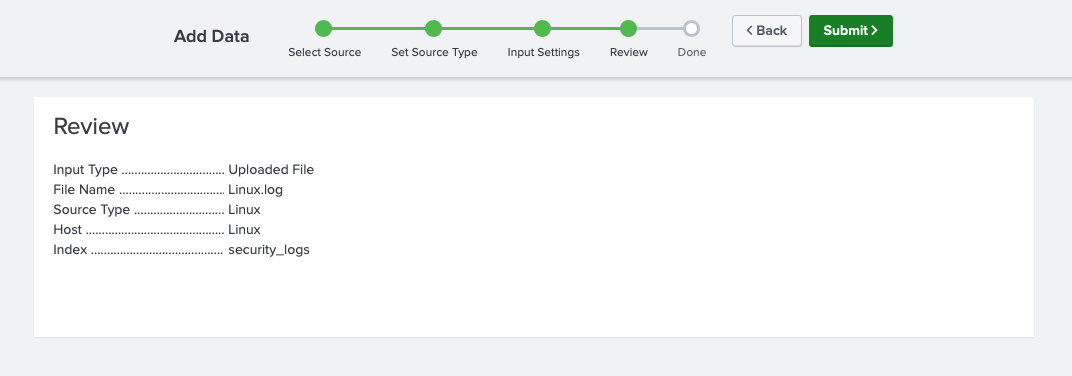 Screenshot of a user interface showing the review stage of adding a Linux log file named 'Linux.log' to be indexed as 'security_logs' in a data management system.