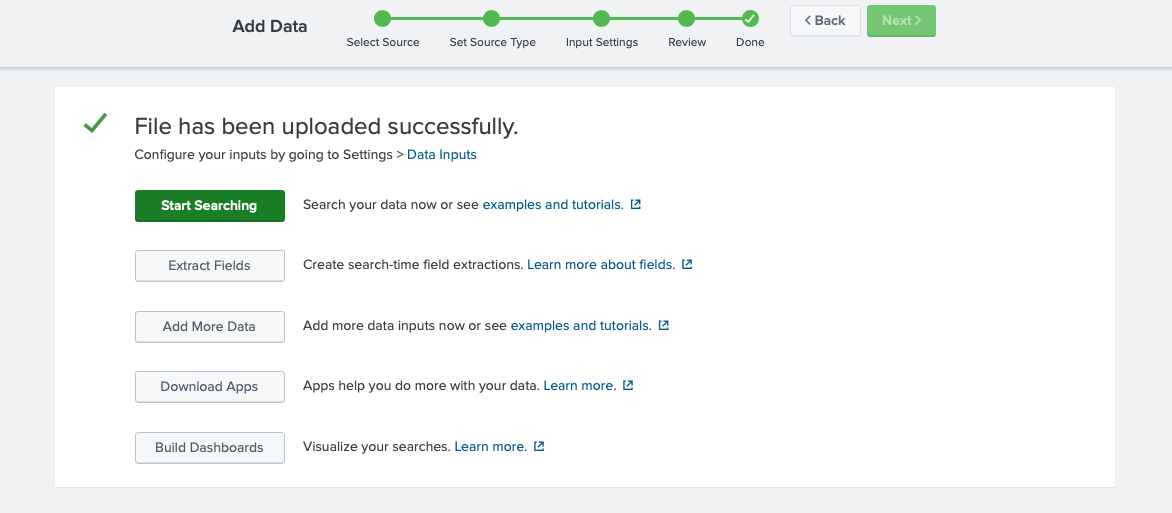 Interface screen displaying successful file upload with options to start searching, extract fields, add more data, download apps, and build dashboards.