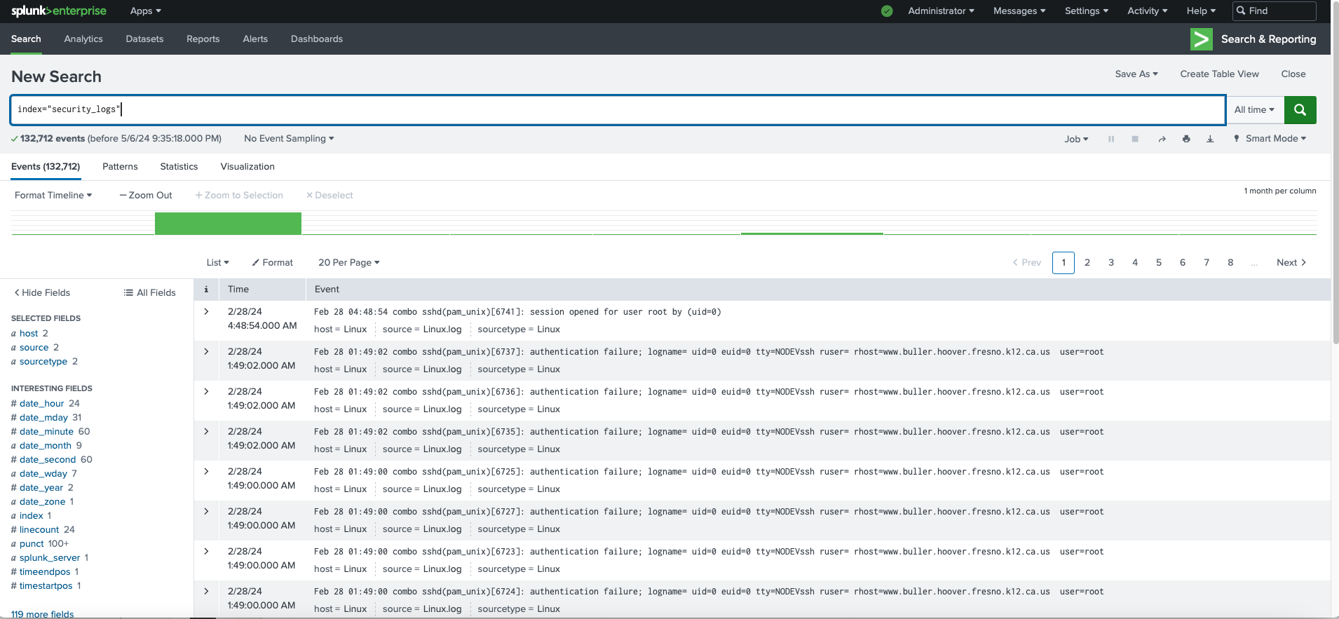 Splunk Enterprise interface displaying detailed search results for security logs from a Linux system.