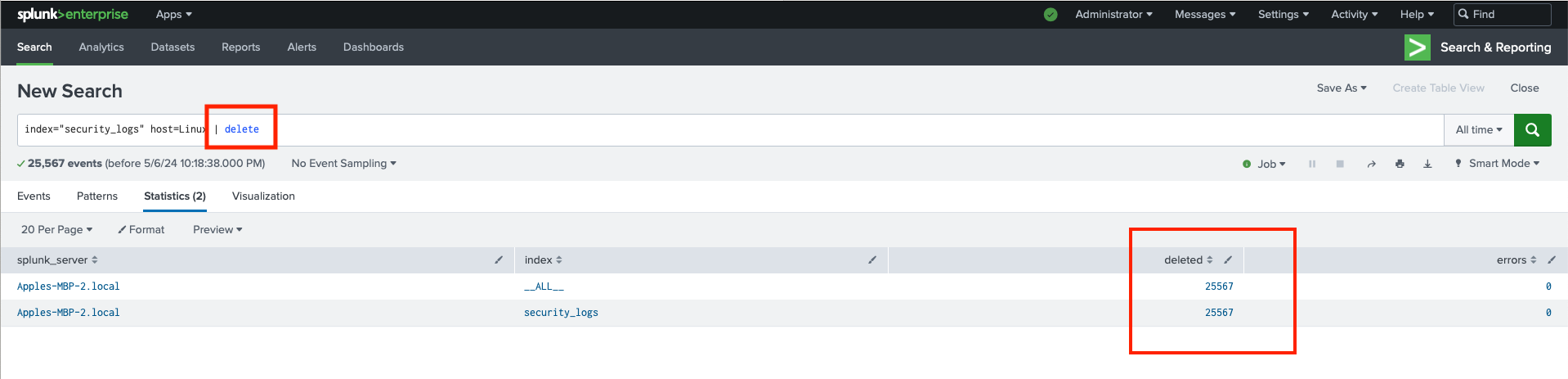 Splunk search interface highlighting the count of 'deleted' events within Linux hosts' security logs.