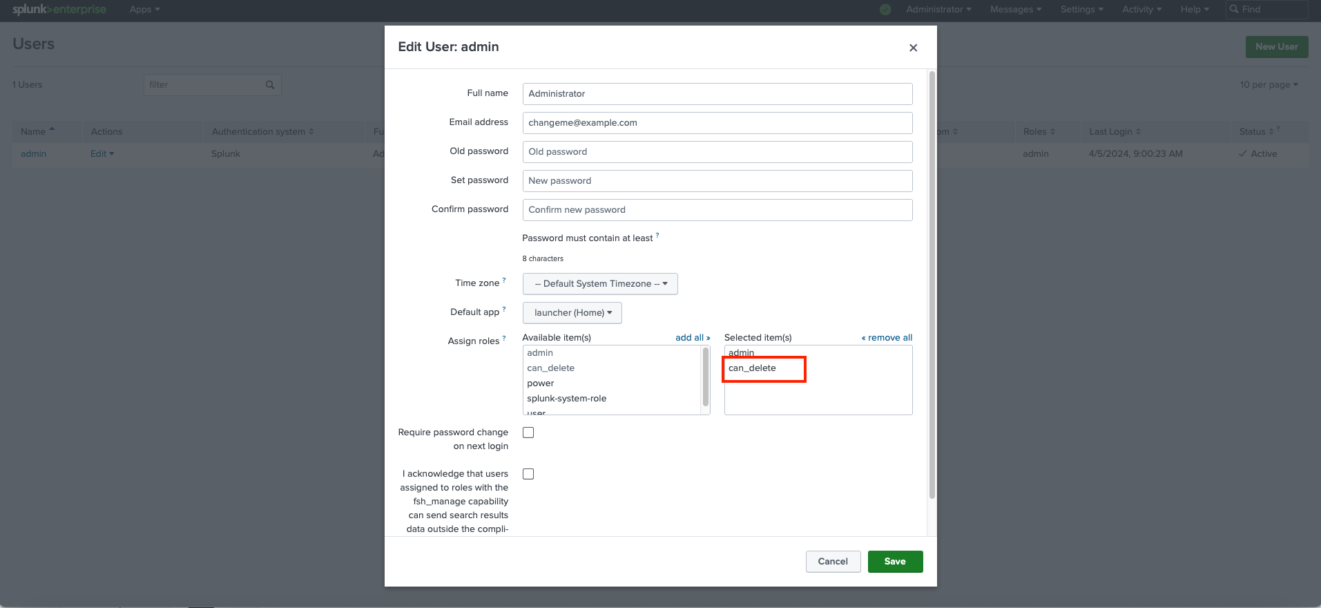 Configuration screen for editing user roles in Splunk Enterprise, showing the assignment of the 'can_delete' role to an administrator.