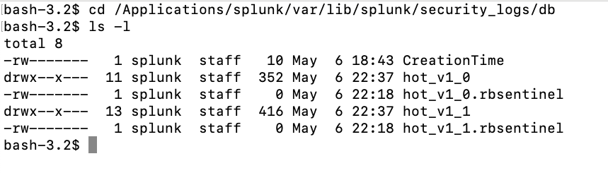 Command line screenshot displaying file and directory listings within a Splunk 'security_logs' database folder.