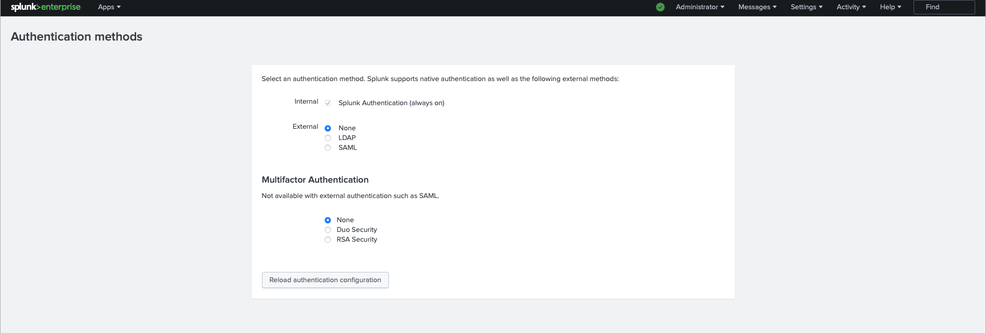 Configuration panel for selecting authentication methods in Splunk Enterprise, including options for LDAP and SAML.