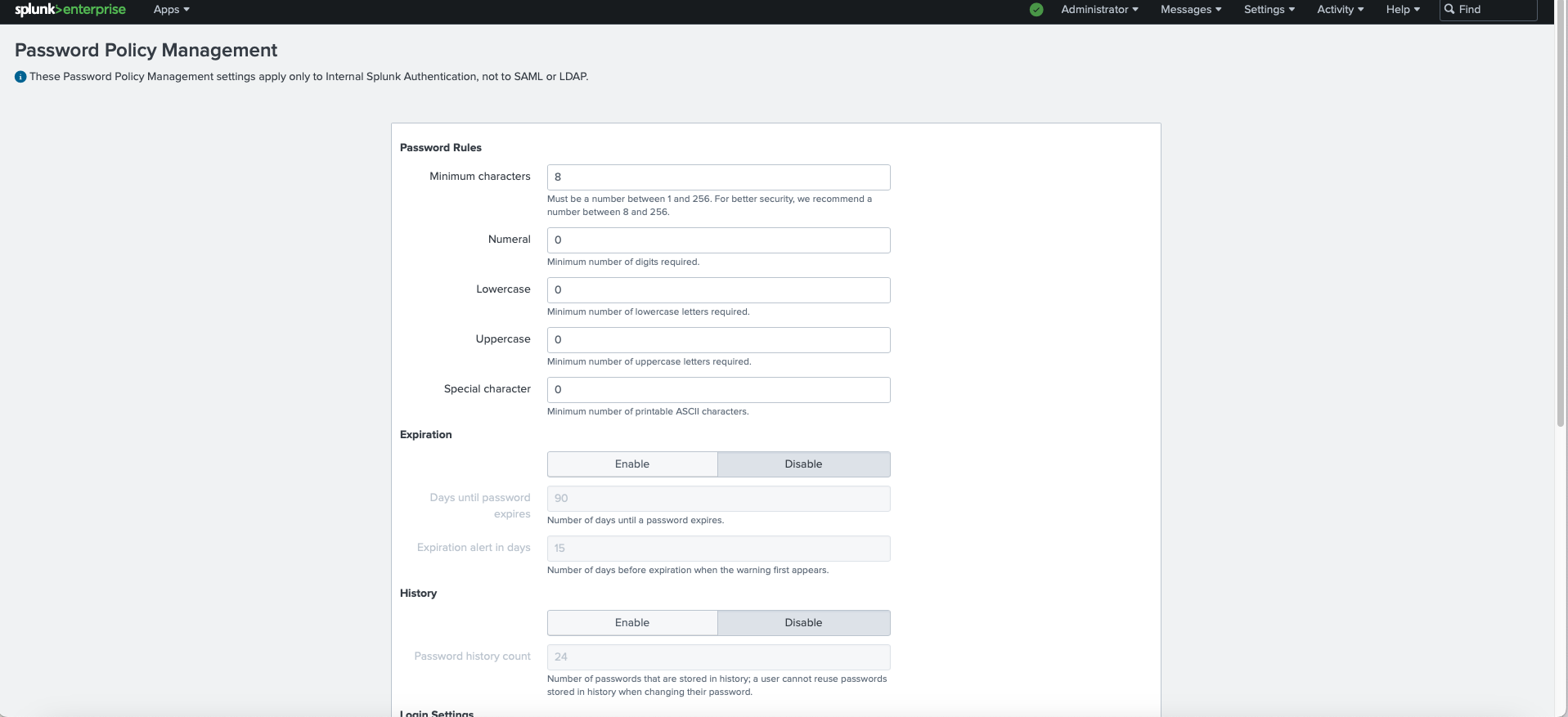 Configuration screen for Password Policy Management in Splunk Enterprise, detailing rules for internal authentication.