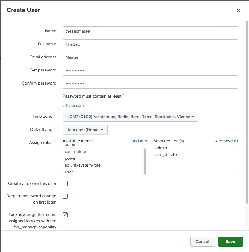 Interface for creating a new user in Splunk with options to set name, email, password, roles, and default app.