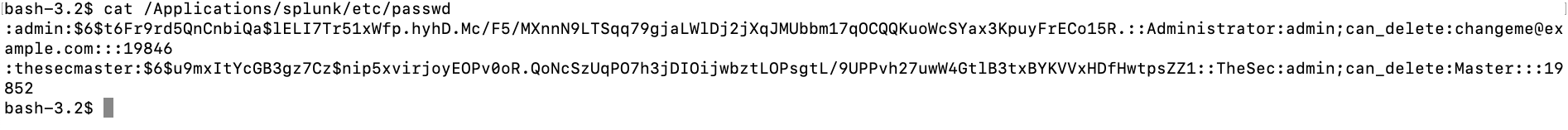 Terminal screen showing contents of the Splunk passwd file with hashed password entries for users 'admin' and 'thesecmaster'.