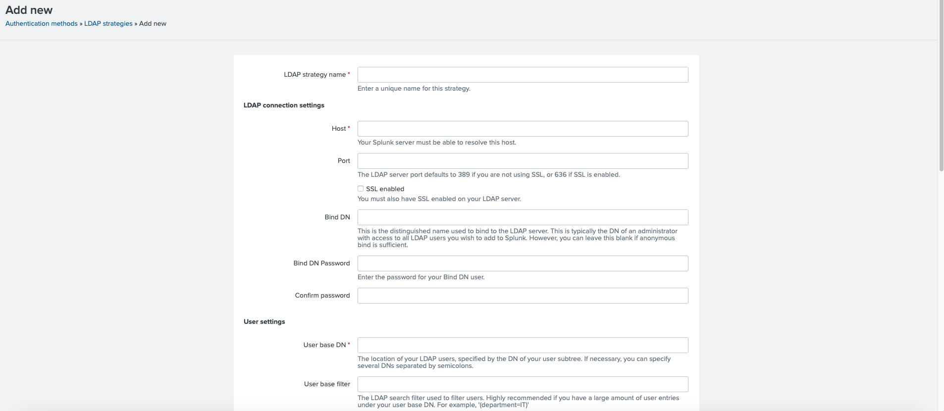 Interface for configuring a new LDAP authentication strategy in Splunk, with fields for host, port, and user settings.