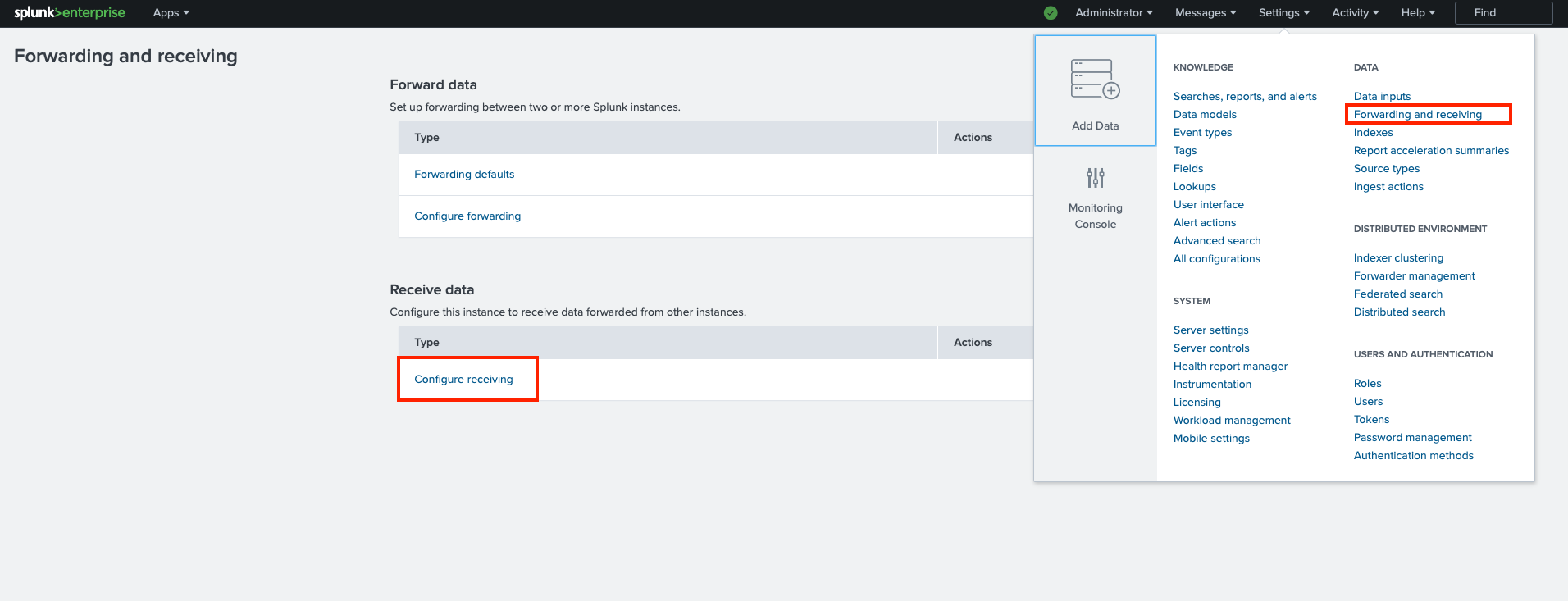 Screenshot of the Splunk Enterprise interface highlighting the Forwarding and Receiving configuration page.