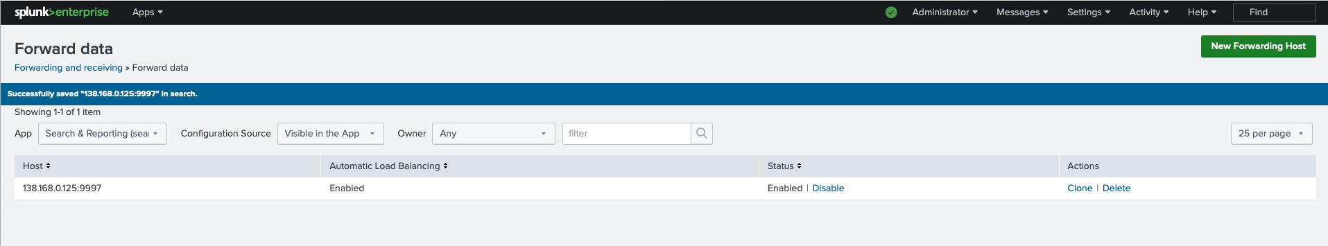 Splunk Enterprise interface displaying the configuration settings for a data forwarding host.