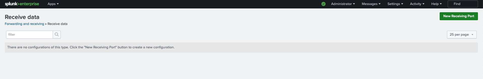 Splunk interface showing the 'Receive data' page with no configurations set up and an option to add a new receiving port.
