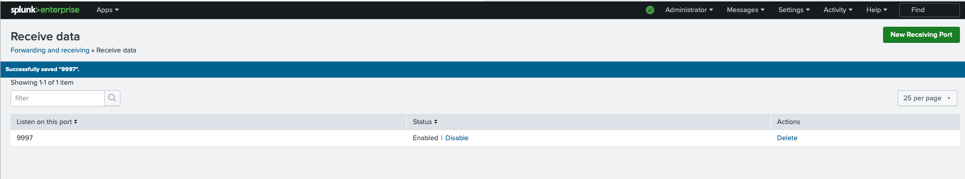 Splunk Enterprise screen showing a successfully saved and configured data receiving port 9997.