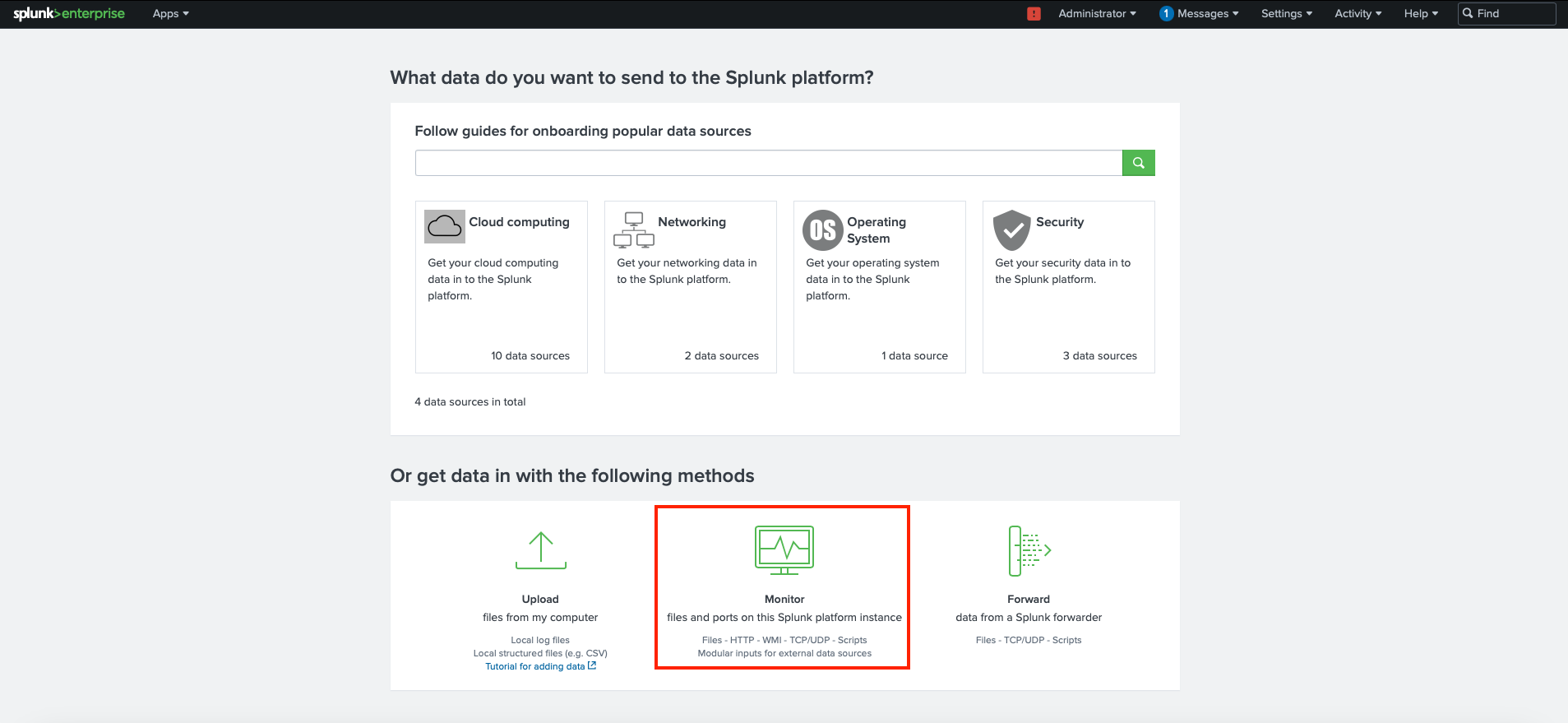 Splunk Enterprise interface displaying various data sources and methods for data ingestion, including upload, monitor, and forward options.