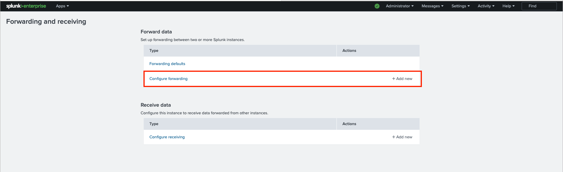 Splunk interface displaying options for setting up data forwarding and receiving with highlighted areas for configuring and adding new forwarding settings.