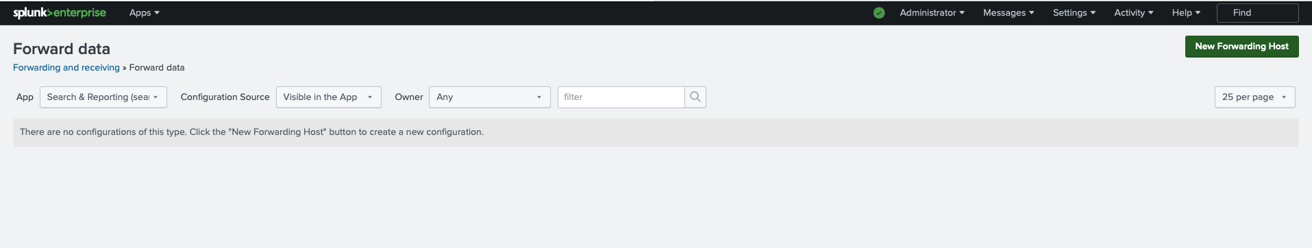 Screenshot showing an empty 'Forward Data' configuration page in Splunk with an option to add a new forwarding host.