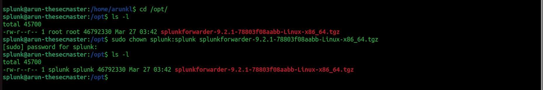 A screenshot of a terminal window showing a user changing the ownership of a .tgz file to the 'splunk' user in a Linux system.