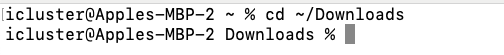 A screenshot of a terminal command on a Mac where a user navigates to the Downloads directory.