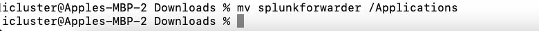 A terminal display on a Mac showing the command used to move the 'splunkforwarder' directory to the Applications folder.