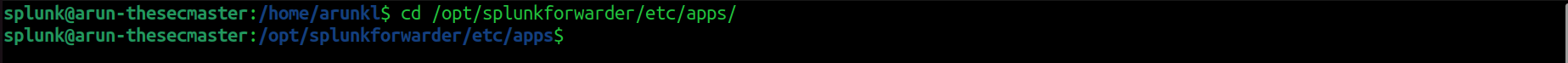 Terminal command line showing a user changing directories to the Splunk Forwarder apps folder on a Linux system.