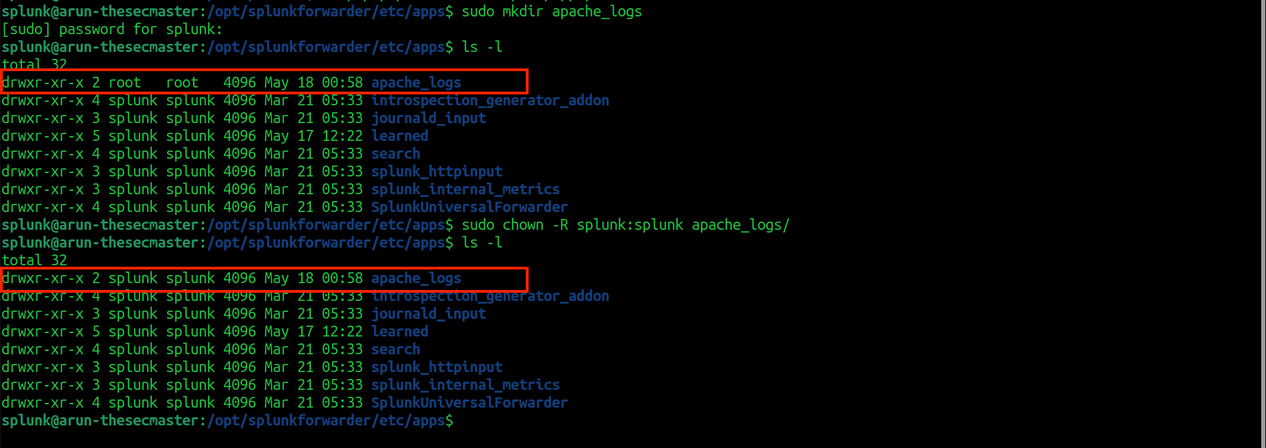 Screenshot of a Linux terminal showing commands to create and change ownership of the 'apache_logs' directory within Splunk's app folder.