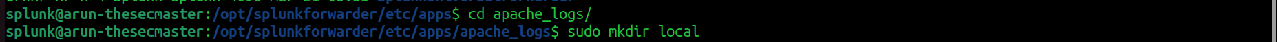 Command line interface showing a user navigating to the 'apache_logs' directory and creating a 'local' directory inside it on a Linux system.