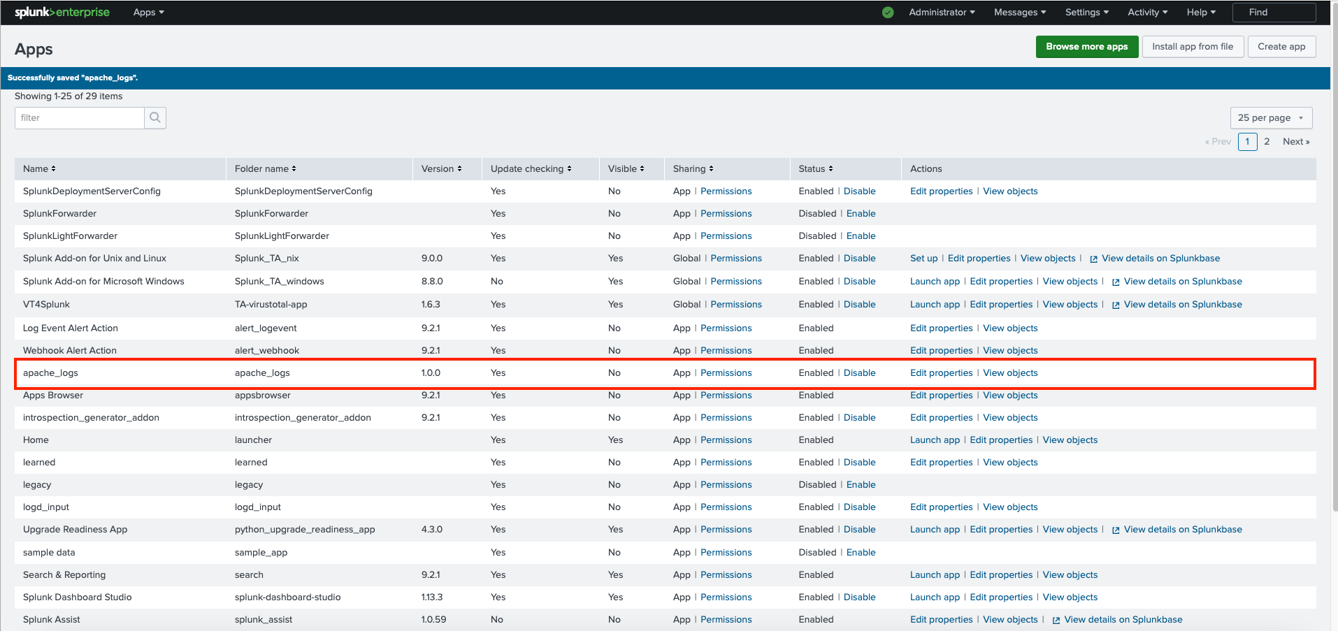 Splunk Enterprise interface showing a list of apps with the 'apache_logs' app highlighted as successfully saved.