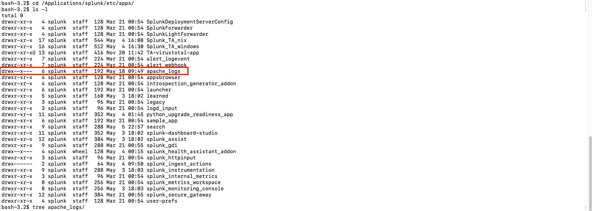 Terminal output showing the directory listing of Splunk apps, highlighting the 'apache_logs' app.