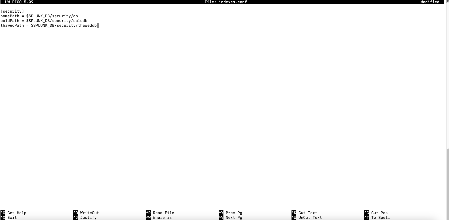Screenshot of the PICO text editor displaying the configuration settings for a security index in the 'indexes.conf' file on a Unix-like system.